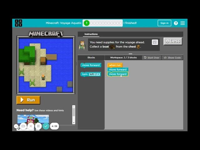 Code org   Minecraft  Voyage Aquatic   Level 1   Coding with Pratheesha