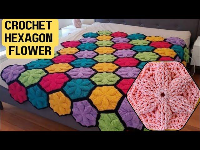 Crochet Flower Hexagon For Blankets and Bedcovers @sara1111 step by step Tutorial Beginner