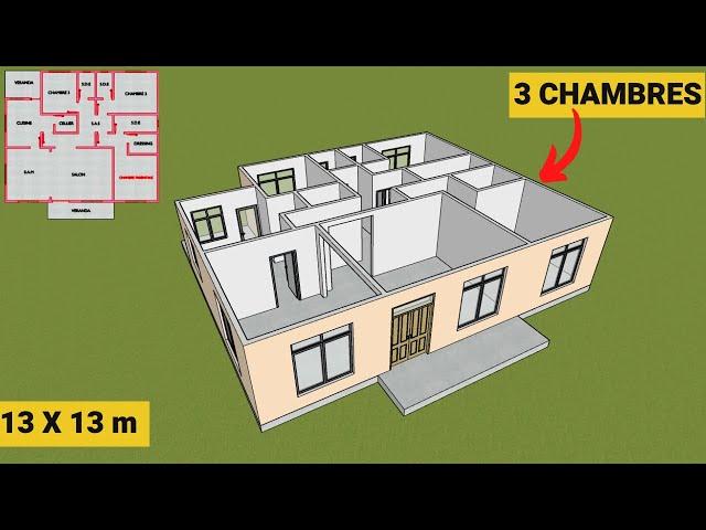 PLAN DE MAISON VILLA DE TROIS CHAMBRES SUR 13 m X 13 m | [HOME DESIGN IDEAS]