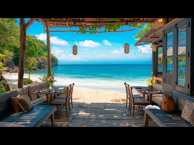 Outdoor Beach Coffee Shop Ambience | Elegant Bossa Nova Jazz Music & Ocean Waves for Stress Relief