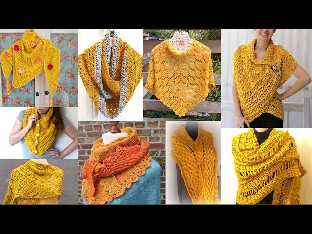 Yellow crocheted Mini Shawls and scarves/Knit wear Triangleshawls/#FashionMag