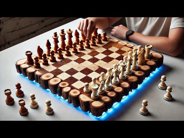 Burnt Wood Recycling Project \\ Chessboard With Jackfruit Wood And Epoxy Resin With LED Lights