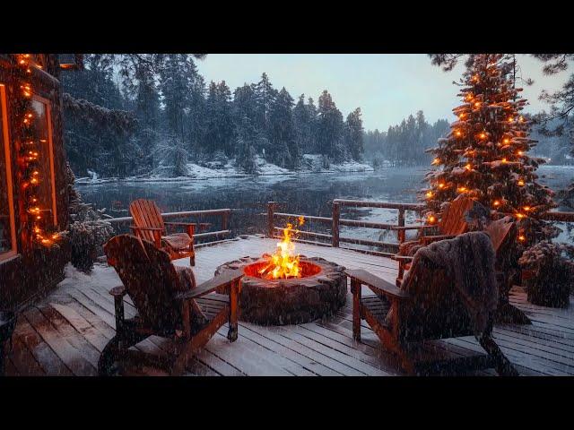 Cozy Cabin with Gentle Snowfall, Warm Fire Pit, Nature Sounds For Relax | Relax Christmas Ambience