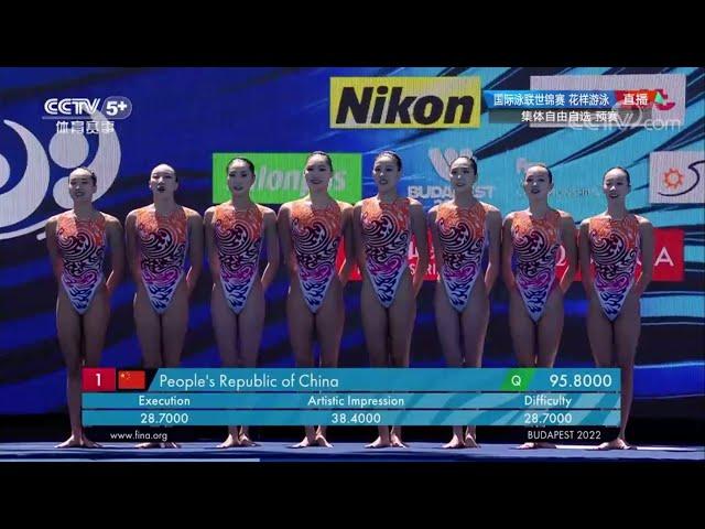 花游集体自由自选 中国队预赛第一 22/6/22 Chinese team first place in Budapest 2022 World Championships Swimming