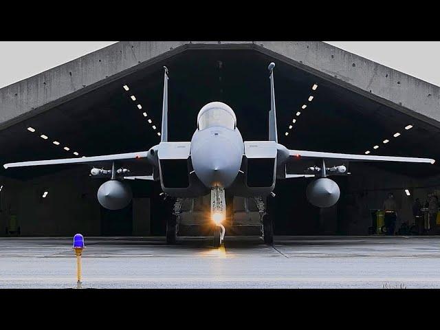 Fast takeoff of US Air Force F-15 Eagle fighters from an air base in Iceland.