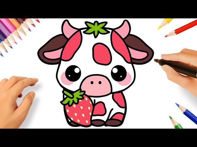 HOW TO DRAW A CUTE STRAWBERRY COW KAWAII EASY 