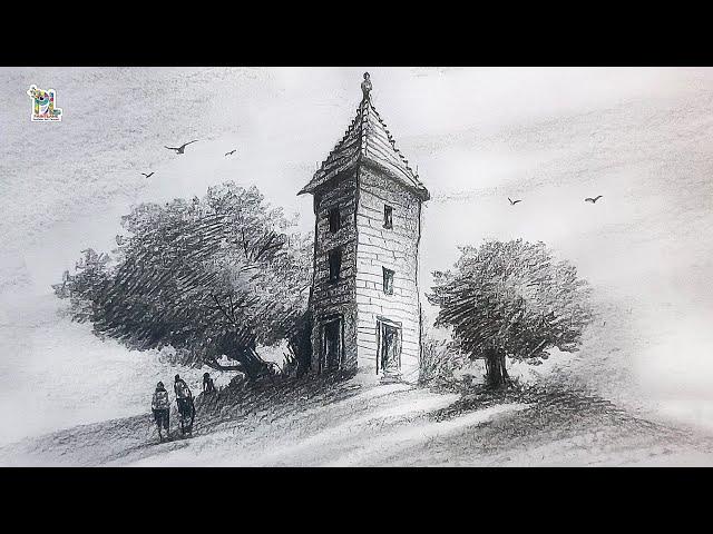 How to draw Big House in Scenery Art || Pencil Shading