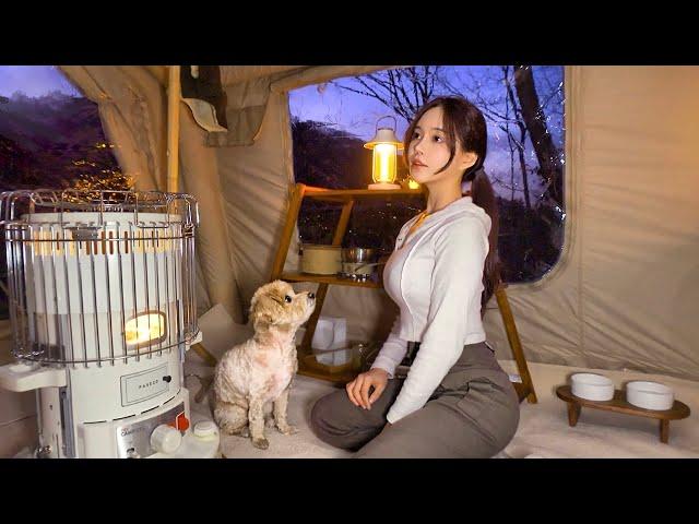 Grilling Pizza on the stove in a cozy Air tent | Camping Vlog with dogs