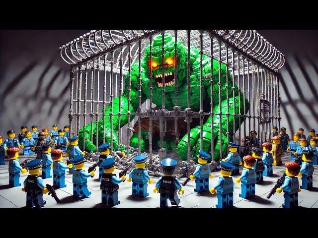 Police surround zombie behind bars - Lego zombie rise