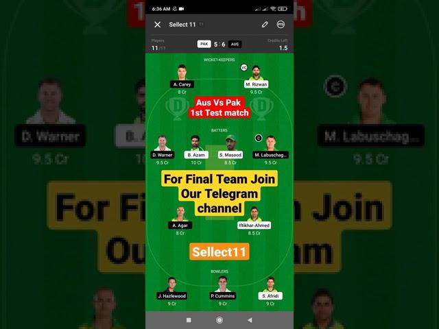 Aus vs Pak 1st Test match Dream11 Prediction #Sellect11