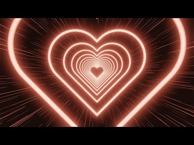 Neon tunnel of light red hearts on a black striped background. Video Loop