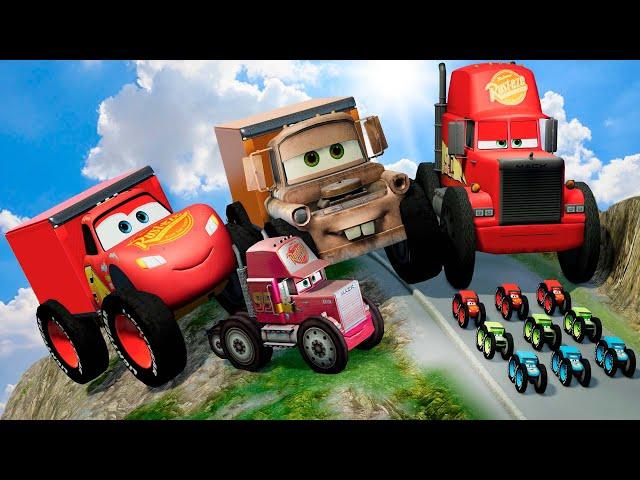 Big & Small Lightning McQueen with Big Wheels vs TOW MATER vs Small Pixar Cars in BeamNG.Drive