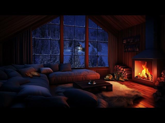 Cozy Winter Loft Ambiance with Crackling Fireplace, Gentle Wind & Snowfall