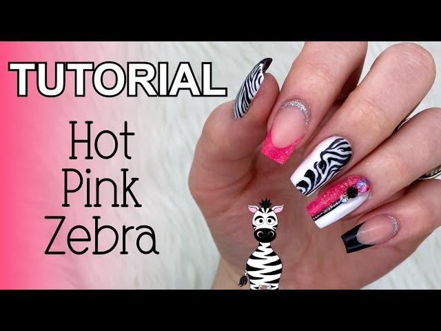 Sculpted Zebra and Hot Pink Acrylic Nail Art Tutorial