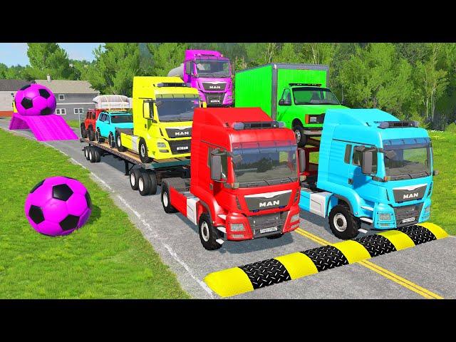 Flatbed Trailer Cars Transportation with Truck - Speedbumps vs Cars vs Train - BeamNG.Drive