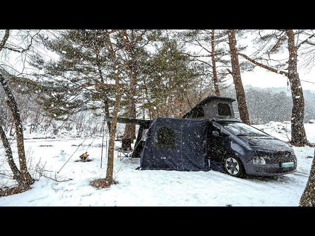 Camping in a snow-covered valley [Warm winter camping with a cart tent] winter camping in korea