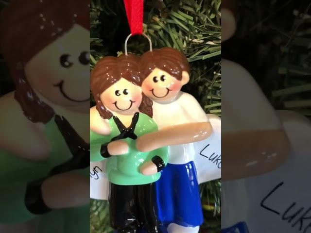 Personalized Pregnant Couple with Two Hearts - Brown Hair F Christmas Ornament