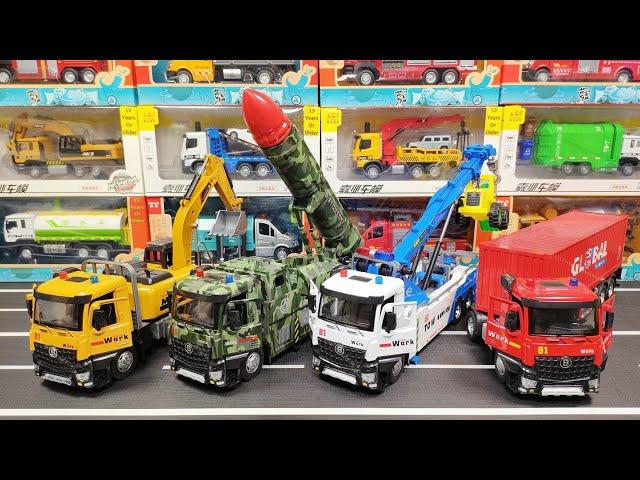 Collection Of Diecast Trucks : Excavator, Military Truck, Tow Truck, Container Truck