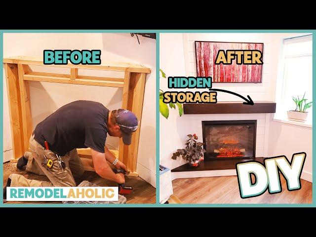 DIY Corner Fireplace Installation with Secret Hidden Storage Mantel