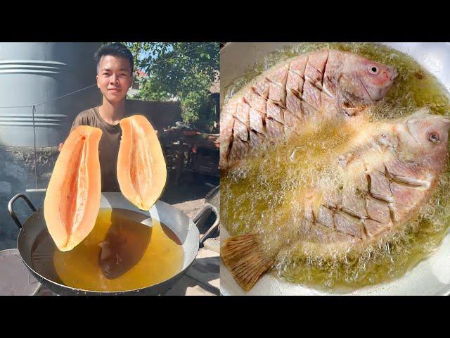 Fry papaya drinking, Crispy fish sour sweet stir fry - Chef Ny cooking with skill