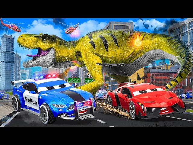 Dinosaur Attack on Cars: Giant T-Rex Destroys City | Monster Trucks, Police Cars Rescue Compilation