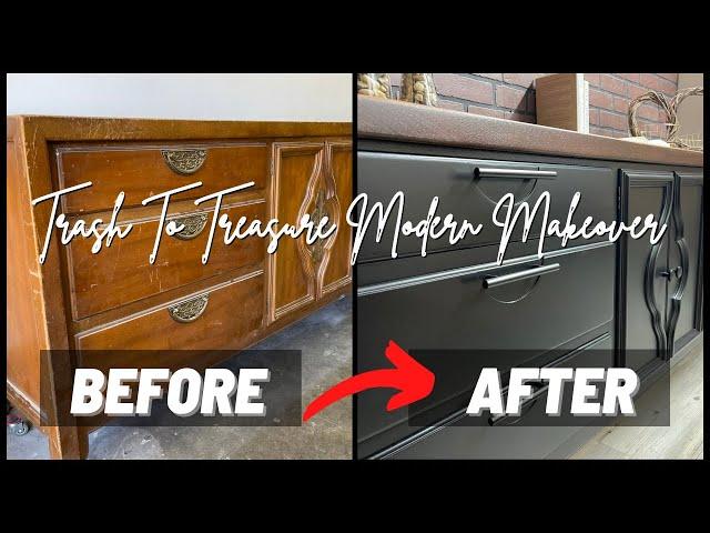 Extreme CREDENZA TRANSFORMATION using black paint and stain || DIY furniture flip MAKEOVER