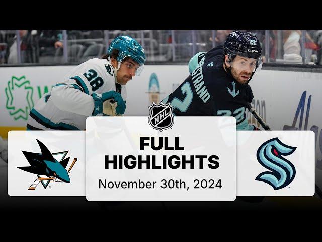 NHL Highlights | Sharks vs. Kraken - November 30, 2024