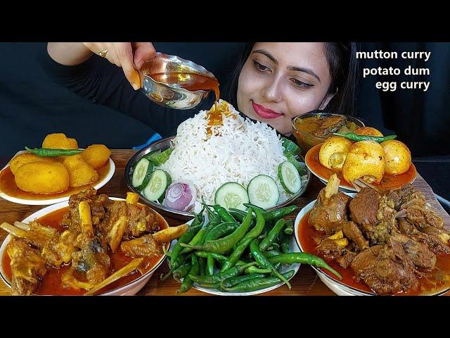 Indian Chilli Girl Eating Spicy Afgani Mutton Buna+Dum Potato+Egg Jhul+Fish Curry& Huge Chilli &Rice