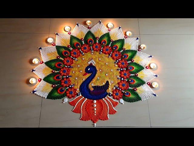 Peacock rangoli design | Rangoli design for diwali | Big rangoli for diwali |  rangoli for dasara