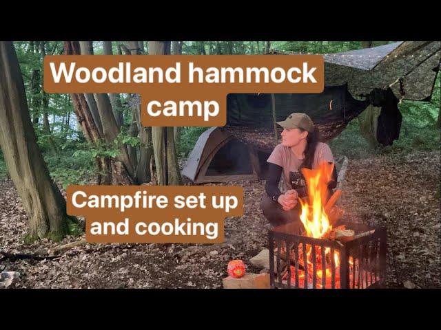 Hammock camping : CAMPFIRE set up and cooking : DD hammock and tarp