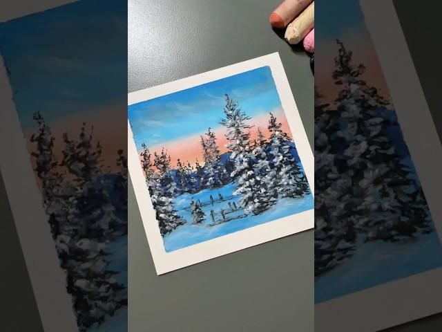 Oil pastel: Snowy pine trees in sunset #oilpastel #howtodraw #painting #easydrawing