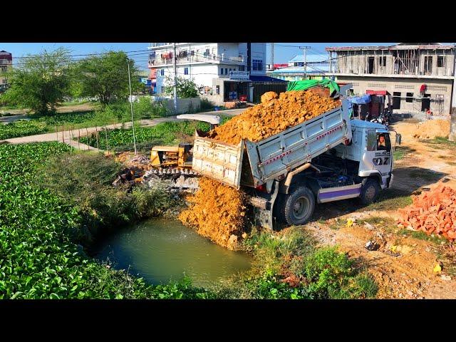 FIRST Start New Project Delete Pond Landfill Flooded area !! Bulldozer Push Stone ,Truck 5Ton Spread