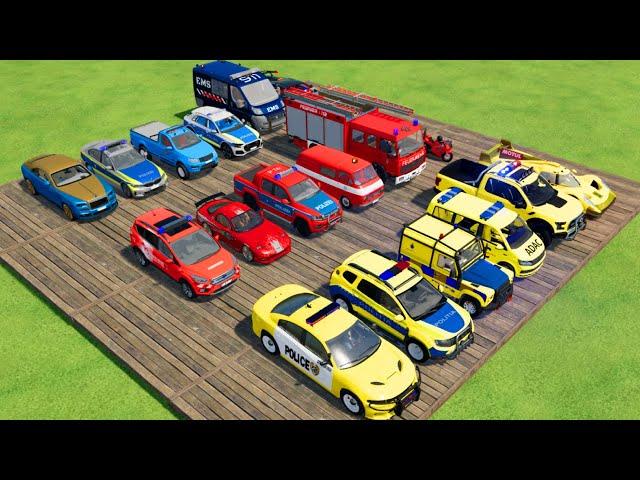 TRANSPORTING CARS, AMBULANCE, POLICE CARS, FIRE TRUCK OF COLORS! WITH TRUCKS! - FS 22