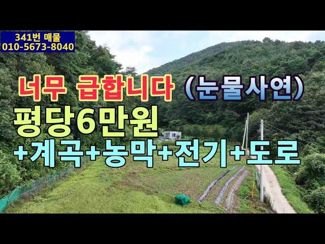 (341번 매물)밭이 평당 6만원.농막1동.자연계곡 접.포장도로 접.전기있음.주택허가 가능.완전 무공해지역.전원생활 가능.자연힐링 최적지.농촌체류형 쉼터 최적지.배짱편한곳.계획관리