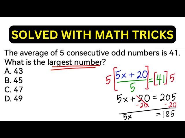 The average of 5 consecutive odd numbers is 41. What is the largest number? (WITH TRICKS)