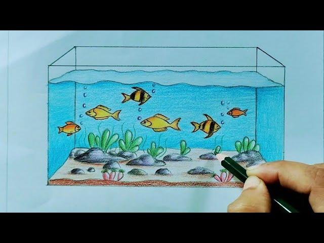 How to draw  fish aquarium//Easy fish tank drawing//Aquarium drawing for beginners