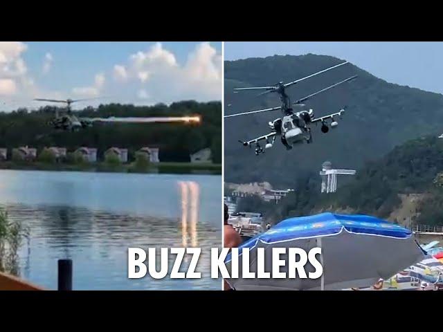 Bizarre moment gung-ho Russian helicopter gunship pilots terrify their own warzone 'tourists'