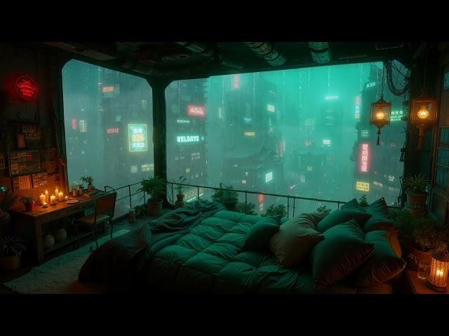  Midnight Cyber Loft: Relaxing Rain & Dark Ambient Music | Cyberpunk Bedroom 2077 | Sci-Fi Ambience