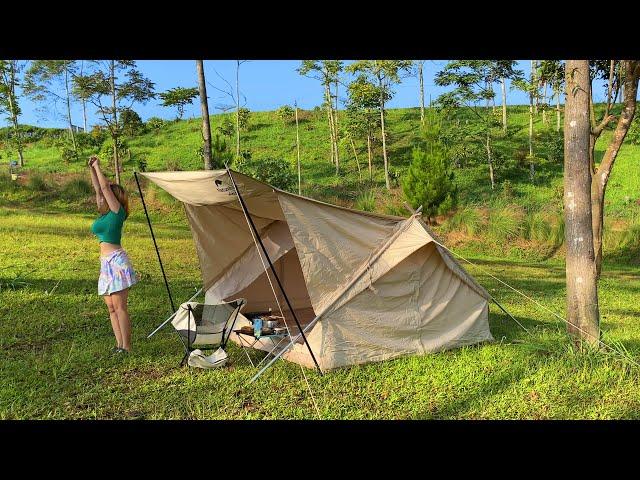 SOLO overnight camping – Tiny girl relaxing in a big tent – Cosy asmr camping– Car camping