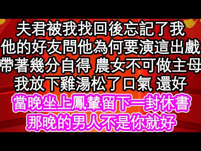 夫君被我找回後忘記了我，他的好友問他為何要演這出戲，帶著幾分自得 農女不可做主母，我放下雞湯松了口氣 還好，當晚坐上鳳輦留下一封休書，那晚的男人不是你就好| #為人處世#生活經驗#情感故事#養老#退休