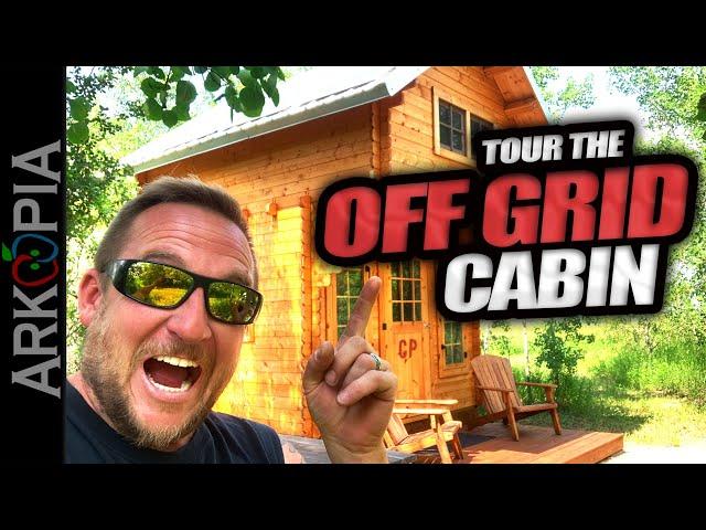 Off Grid Cabin Tour with 5000btu a/c, 1800 watts solar, 3kw battery, plumbed, wired, & complete!