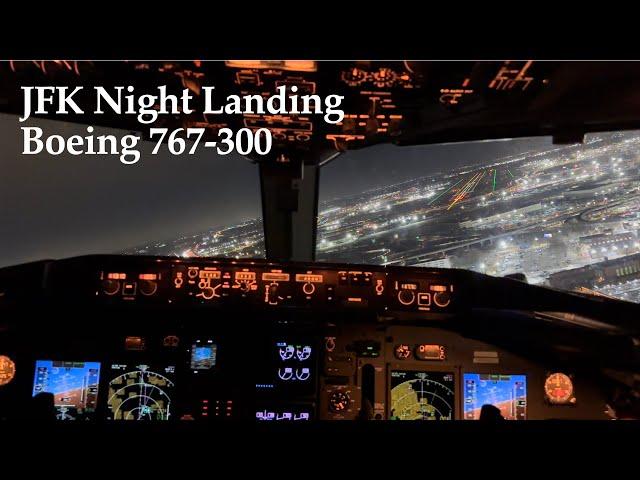 Boeing 767-300 JFK Night Landing - Cockpit View