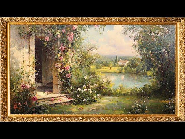 Gold Framed Vintage TV Art: Stunning Oil Painting of a Pond and Flower View | 2 Hrs | 4K Wallpaper