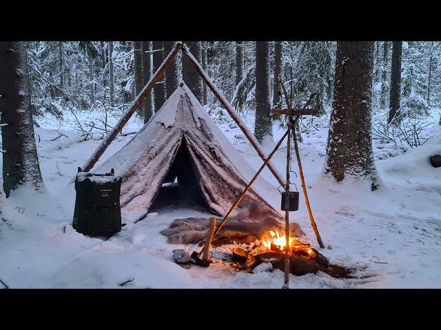 Winter Wild Camping and Hiking in Snow - Canvas Lavvu - Adjustable Bushcraft Pot Hanger- Ice Fishing