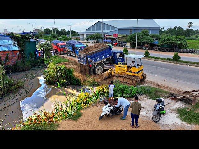 Incredible!!! LandFill Project! Bulldozer D21P KOMATSU push stone with Dump Truck 5T Unloading