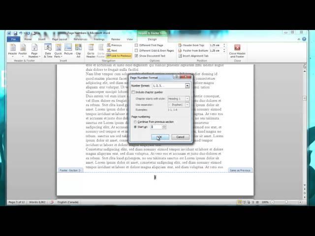 Page Numbers Starting at a Specific Page in Word 2010