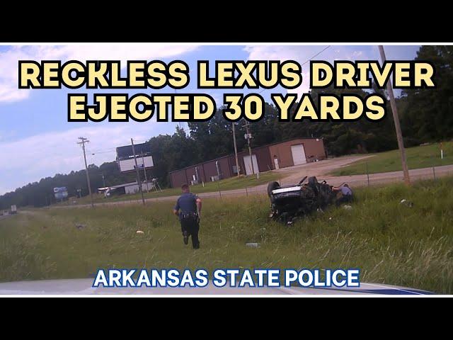 140mph pursuit of reckless Lexus driver - WRECK EJECTS DRIVER 30 YARDS (Slams into cables at 100mph)