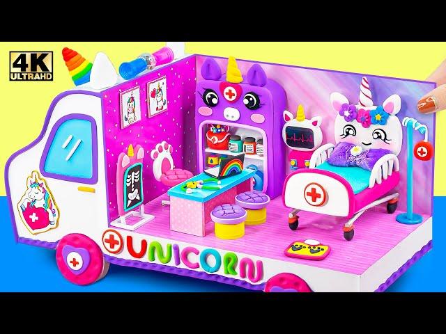 How To Make Cute Purple Unicorn Ambulance Hospital, DIY Doctor Play Set from Polymer Clay, Cardboard