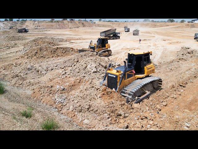 Incredible Land Filling Process Strong Power Bulldozer Spreading Gravel Soil, 12 Wheel Tipper TrucK