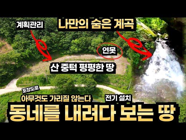 전기 설치 연못 있는 나만의 계곡물 흐르는 산 중턱 토지매매 앞쪽으로 가릴 것 없는 탁트인 시원한 풍경 계획관리지역 평평한 땅 포장도로접 동네가 내려다 보이는 위치 괴산 토지매매